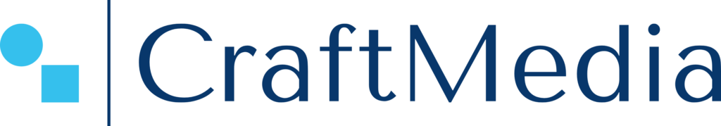 Blåt CraftMedia-logo i headeren, der repræsenterer digital markedsføring og branding